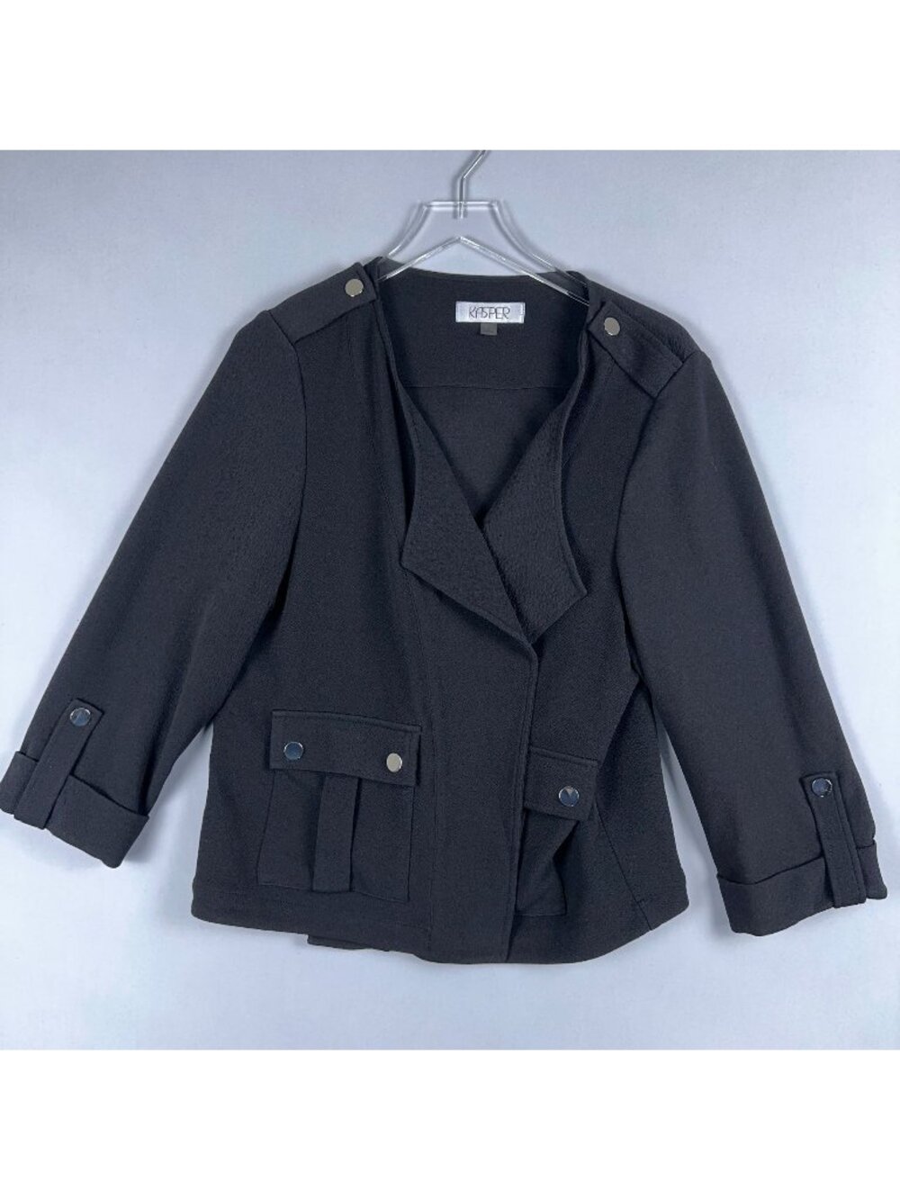 Kasper Blazer Jacket Womens Size 1X Open Front 3/4 Sleeves Black